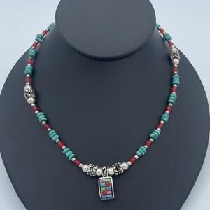 925 Sterling Silver Necklace Vintage Boho Tribal Necklace with Inlay Pendant